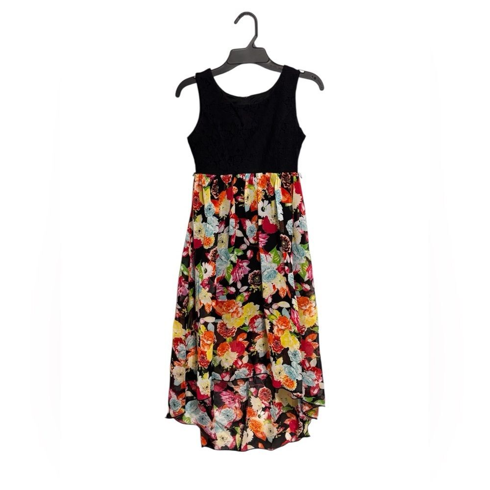 LA CONDUCT Girls Black High Low Multi Colorful Floral Party Summer Dress Size 8